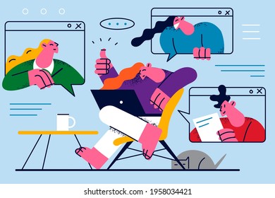 Video conference and online communication concept. Group of young people communicating online remotely on smartphones having meeting or conference call vector illustration 