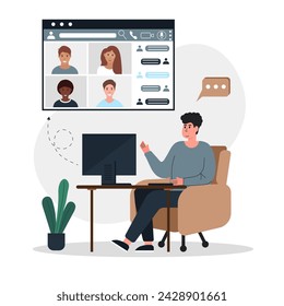 Video conference online concept. Businessman sits in a chair in front of a computer. A group of people on the computer screen discuss a project. Vector illustration