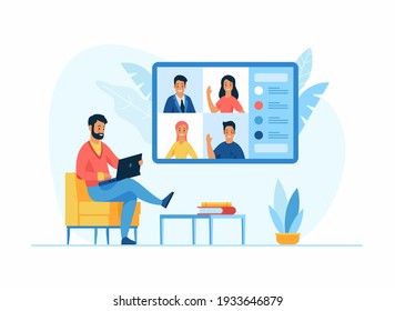 Video conference online concept. Male cartoon character sits in a chair in front of a laptop. A group of people on the computer screen discuss a project. Flat vector illustration