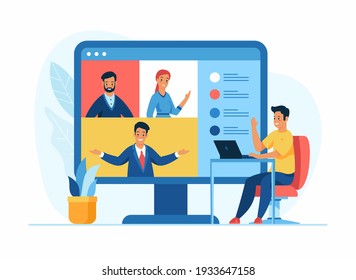 Video conference online concept. Male cartoon character sits in a chair in front of a laptop. A group of people on the computer screen discuss a project. Flat vector illustration