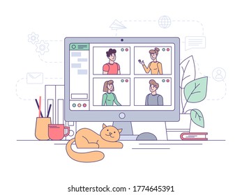 Video conference, online home office business call and teamwork communication, vector flat design. Video conference or group chat of webinar study or internet training and conversation