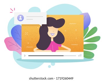 Video conference online call webinar or internet web distance learning and study communicating with girl person vector flat cartoon, education concept or remote relationship, support idea modern