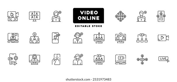 Video conference online line icons. Live webinar icons for web and mobile app. Containing conference, business meeting, classroom, team, interview, conference, work, discussion.