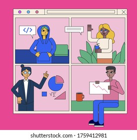 Video conference and online live streaming concept. Group of millennials and young diverse people having conversation. Vector illustration in flat cartoon simple style.