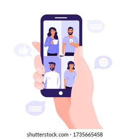 Video conference or online meeting concept. Hand holding a mobile phone. Team of people on smartphone screen having conversation. Video chat. Vector illustration on white background.