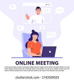 Video conference or online meeting concept. Woman having video call with friend using the laptop. Video chat with icons of social networks. Vector banner illustration.