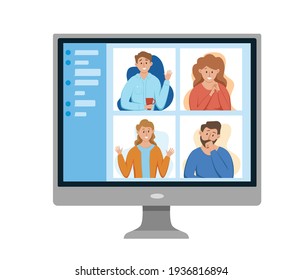 Video conference online meeting concept. Vector illustration of people group on computer screen video call chatting with friends online. Design template for online education, workshop, team working