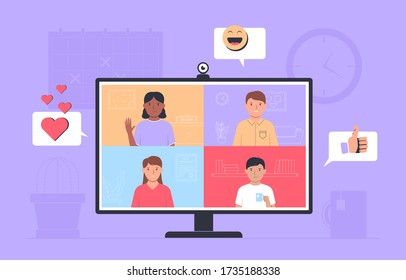 Video conference. Online meeting friends. Monitor with app interface for online communication. People talking online. Vector illustration
