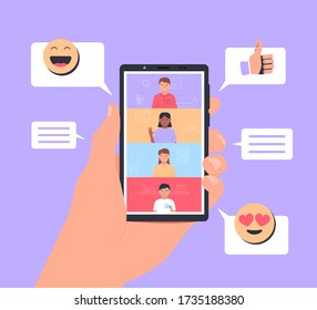 Video conference. Online meeting friends. Hand holds smartphone with app interface for online communication. People talking online. Vector illustration