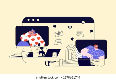 Video conference and online meeting. People talking by internet on laptop screen. Modern young people looking for a couple or have dating. Flat Art Vector Illustration