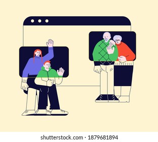Video conference and online meeting. People talking by internet on laptop screen.Young people communicate with seniors. Flat Art Vector Illustration