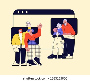 Video conference and online meeting. People talking by internet on laptop screen.Young people communicate with seniors. Flat Art Vector Illustration
