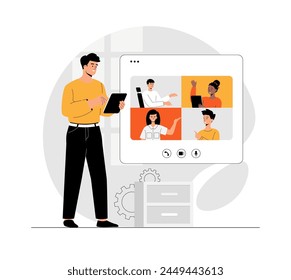 Video conference, Online meeting, Remote teamwork, Conversation. People communicate online. Illustration with people scene in flat design for website and mobile development.	
