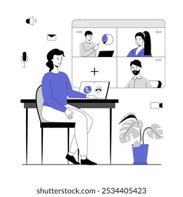 Video conference, Online meeting, Remote teamwork, Conversation. People communicate online. Vector illustration with line people for web design.	
