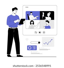 Video conference, Online meeting, Remote teamwork, Conversation. People communicate online. Vector illustration with line people for web design.	
