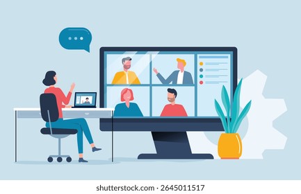 video conference and online meeting with technology remote working. People work from anywhere. business marketing team online working and planning. flat vector illustration design.  
