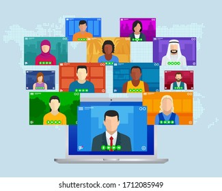 Video conference. Online meeting work form home. Home office. Multiethnic business team. Stay at home and work from home concept during Coronavirus pandemic