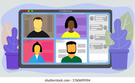 Video Conference. Online Meeting Work Form Home. Virtual Work Meeting. Conference Video Call, Study From Home. Modern Vector Illustration In Flat Style. EPS10