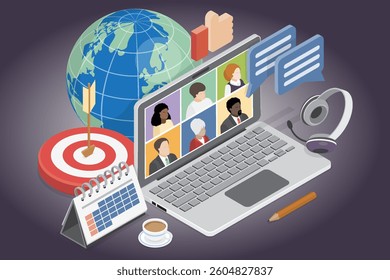 Video conference, online meeting, work from home. 3d flat isometric vector illustration.