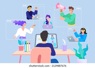 Video conference and online meeting workspace concept vector illustration. A man working with his team on the internet. Work from home idea.