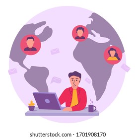 Video conference. Online meeting.Internet conference.Remote work.Men sitting at desks working on laptops.Male freelancer.Guy character vector flat.