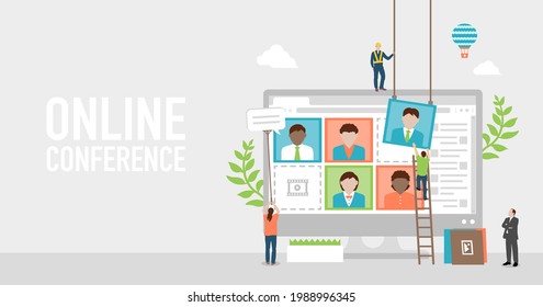 Video conference (online remote learning) concept vector banner illustration