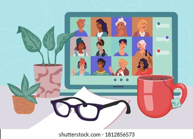 Video conference and online training, webinar concept with computer screen showing video call app and various office supplies at desktop. , Online meeting or business training, vector illustration.