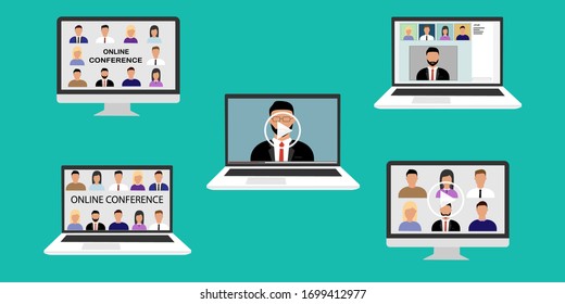 Video Conference Online virtual meetings, work at home during the coronavirus. Webinars or remote work. Illustration of a conference communication screen, video conferencing. Vector illustration