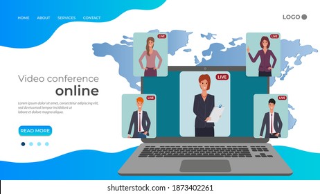 Video conference online.People communicate and conduct business negotiations using a laptop. distance education, freelance and remote work.Flat vector illustration.The template of the landing page.