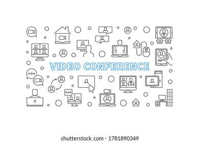 Video Conference outline concept horizontal banner. Vector illustration