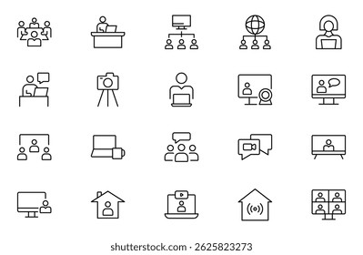Conjunto de ícones de estrutura de tópicos de Conferência de Vídeo. Ícones de webinar ao vivo para aplicativos móveis e da Web. Contendo conferência, reunião de negócios, equipe, entrevista, conferência, videochamada. Ícone de contorno de traçado editável.
