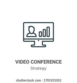 Video conference outline vector icon. Thin line black video conference icon, flat vector simple element illustration from editable strategy concept isolated stroke on white background