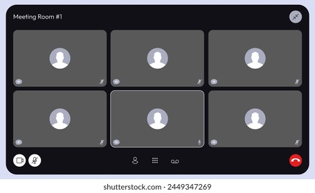 Video conference overlay. Online meeting UI elements, webinar screen with participants and speaker, video call with chat. Vector mockup