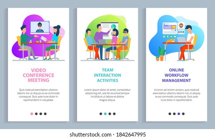 Video conference of partners vector, meeting of workers discussion of strategy and plans, workflow management of person, whiteboard info. Website or slider app, landing page flat style