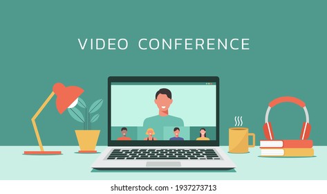 video conference with people connecting together, learning and meeting online via teleconference or remote working on laptop computer, work from home and anywhere, flat design vector illustration