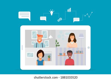 Video conference with people group chatting and working on a digital tablet, meeting online on blue background. New normal and covid-19 concept. Flat design vector illustration