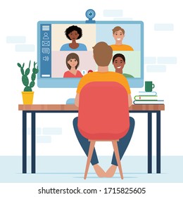Video conference with people group. Computer screen. Man in video conference with colleagues. Home work concept. Friends talking on video. Vector illustration in flat style