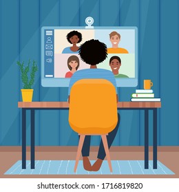 Video conference with people group. Computer screen. Woman in video conference with colleagues. Home work concept. Friends talking on video. Vector illustration in flat style