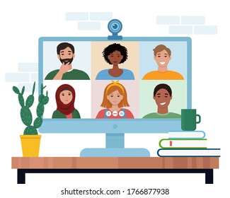 Video conference with people group. Computer screen. Vector illustration in flat style