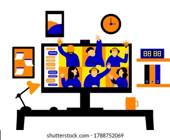 Video conference with people group. Computer screen. Vector illustration in flat style. Chatting with friends online. Vector illustration for videoconference, remote work, technology concept.
