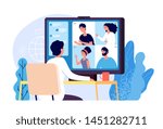 Video conference. People group on computer screen taking with colleague. Video conferencing and online communication vector concept. Illustration of communication screen conference, videoconferencing