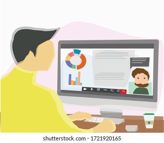 Video conference. People group on computer screen taking with colleague. Video conferencing and online communication vector concept. Illustration of communication screen conference, presentation