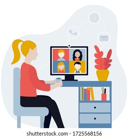 Video conference. People group on computer screen taking with colleague. Video conferencing and online communication vector concept. Illustration of communication screen conference, videoconferencing