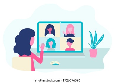 Video conference. People group on computer screen talking, virtual meeting. Online communication vector concept in flat design.