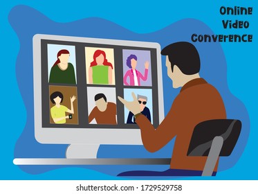 Video conference. People group on computer screen taking with colleague. Video conferencing and online communication vector concept. Illustration of communication screen conference, videoconferencing 