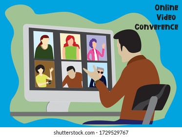 Video conference. People group on computer screen taking with colleague. Video conferencing and online communication vector concept. Illustration of communication screen conference, videoconferencing 