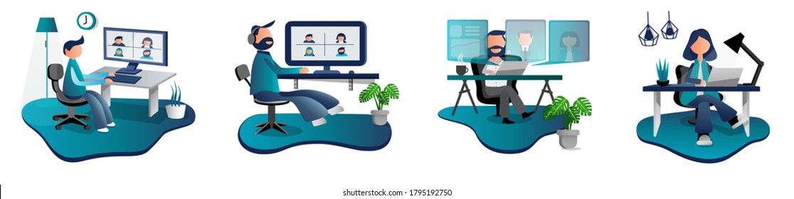 Video conference. People group on computer screen taking with colleague. People work from home, Video conferencing and online communication vector concept. Bundle flat Illustration vector style.