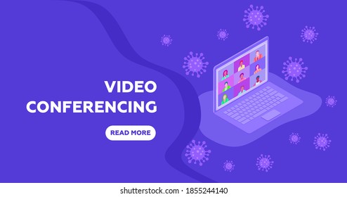 Video conference. People group on computer screen taking with colleague. Video conferencing and online communication vector concept. Illustration of communication screen conference, videoconferencing
