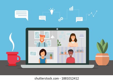 Video conference with people group on a laptop at home, meeting online. Friends talking about business. New normal and covid-19 concept. Flat design vector illustration