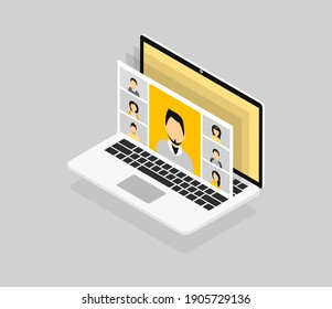 Video conference with people group on laptopr screen in isometric style. Colleagues talk to each other. Conference video call, working from home. Illustration in modern yellow-gray colors.